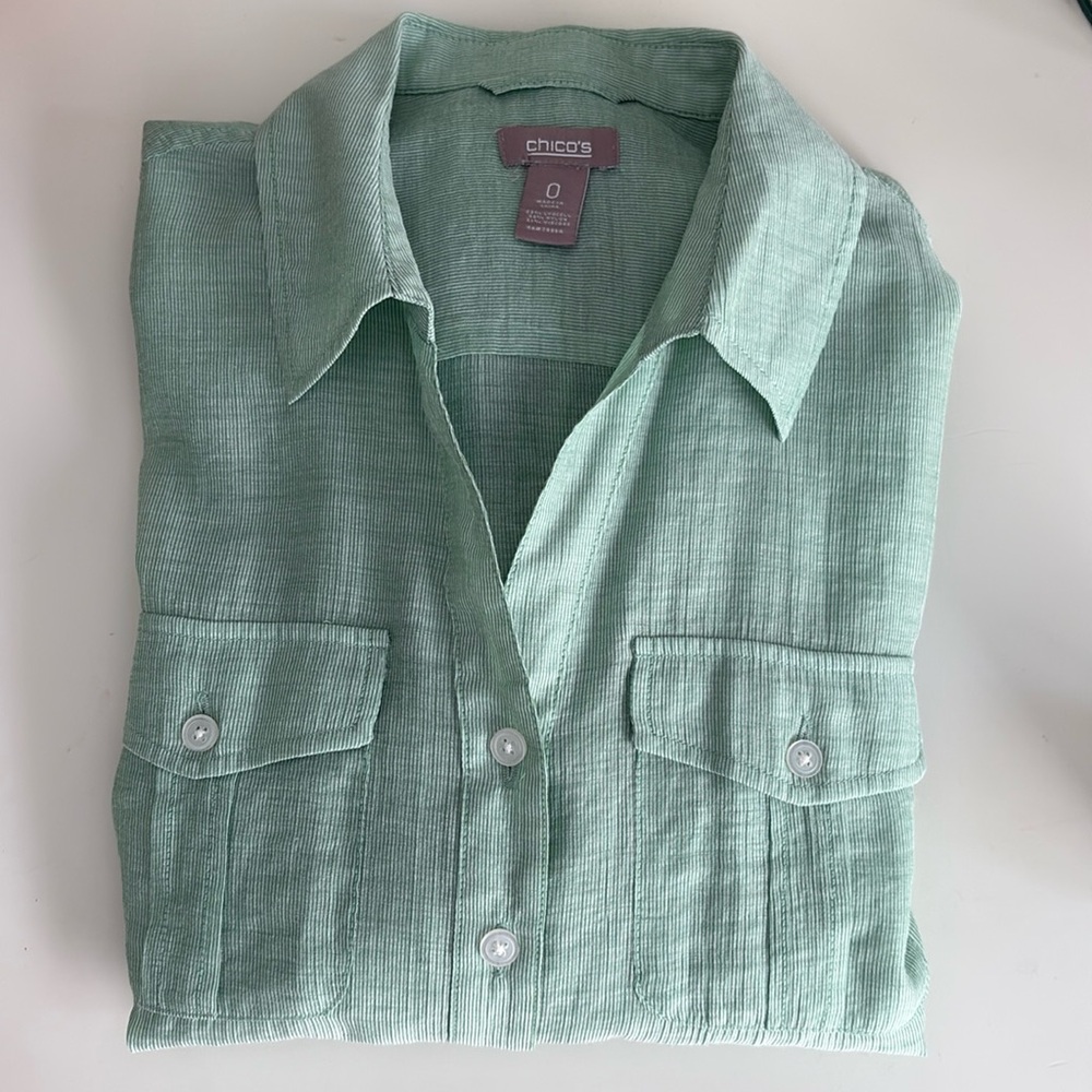 Chico’s Green Striped Button-Up Shirt and Tank Set Size 0